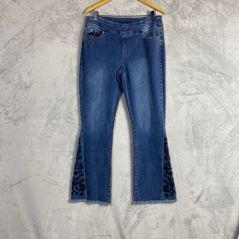 GG Jeans Womens Floral Embroidered Sequin Flare Leg Pull‎ On Denim Blue Size 14